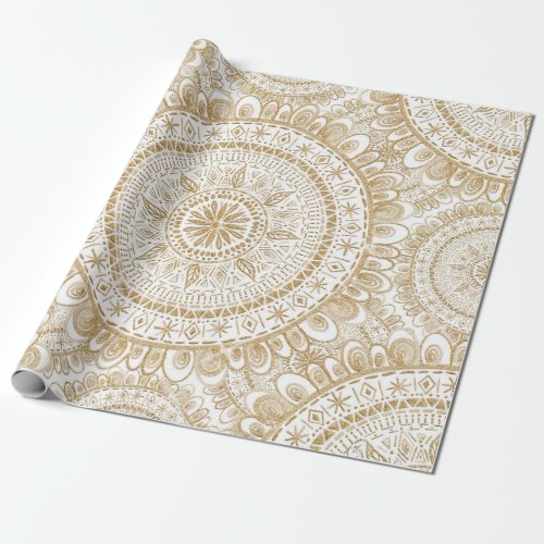 Elegant Gold Winter Flower Mandala White Pattern Wrapping Paper