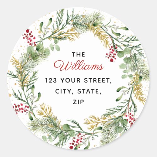 Elegant Gold Winter Greenery Wreath Address Classic Round Sticker