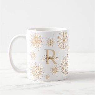 Elegant Gold Winter Themed Snowflake Monogram Coffee Mug