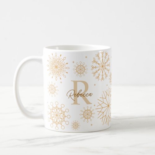 Elegant Gold Winter Themed Snowflake Monogram Coffee Mug