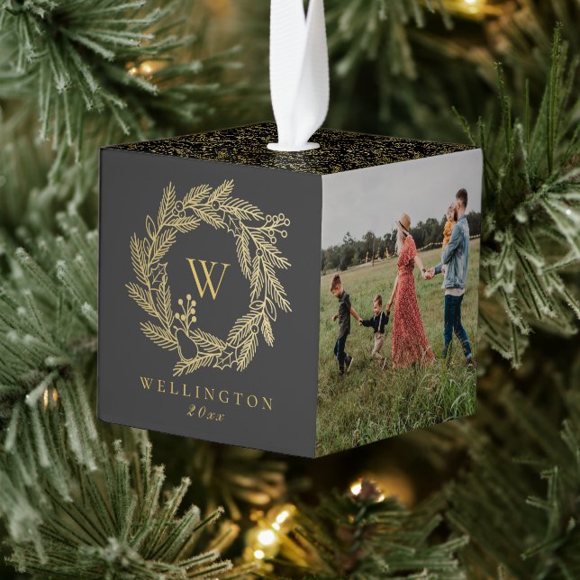 Elegant Gold Winter Wreath Monogram Black 3 Photo Cube Ornament (Tree)