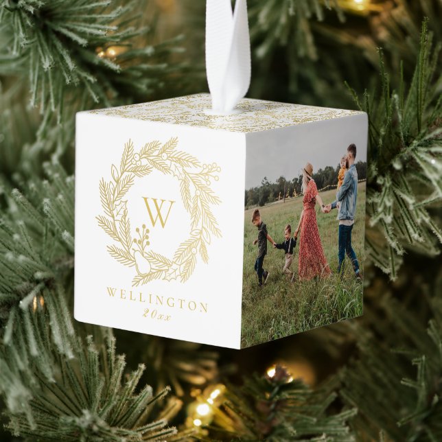 Elegant Gold Winter Wreath Monogram Photo Cube Ornament (Tree)