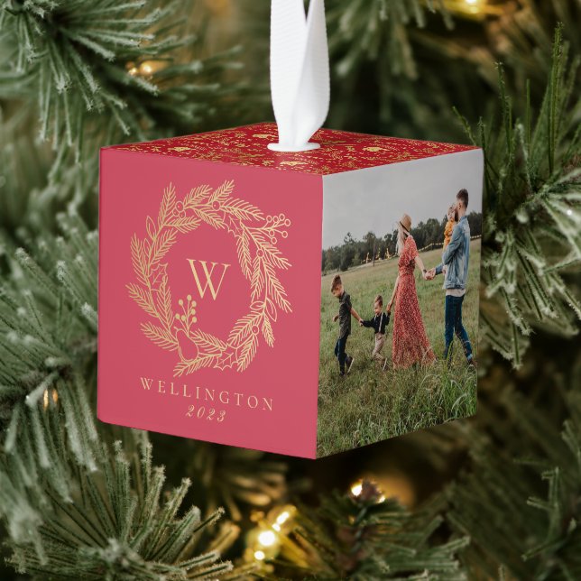 Elegant Gold Winter Wreath Monogram Red Photo Cube Ornament (Tree)