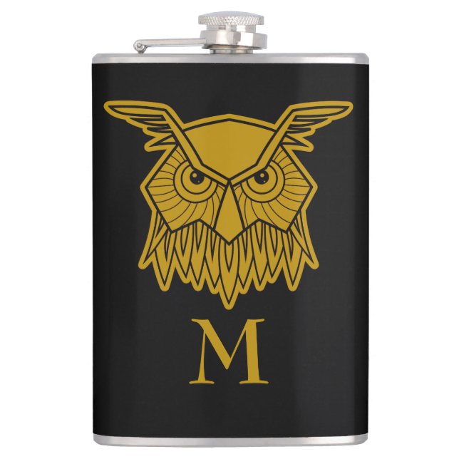 Elegant Gold Wise Owl Monogrammed Custom Flask (Front)