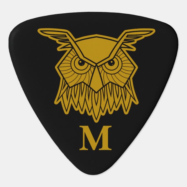 Elegant Gold Wise Owl Monogrammed Custom Guitar Pick (Front)