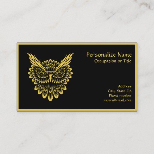 Elegant Gold Wise Owl on Black Business Card