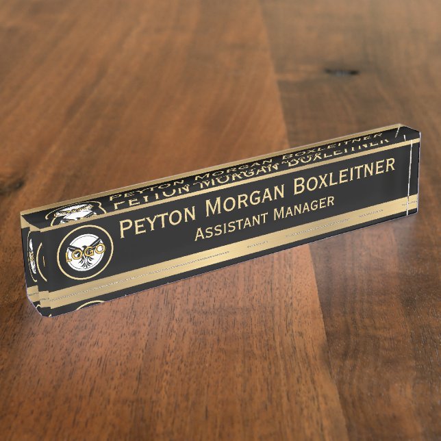 Elegant Gold with Black and Logo Desk Name Plate (Side)