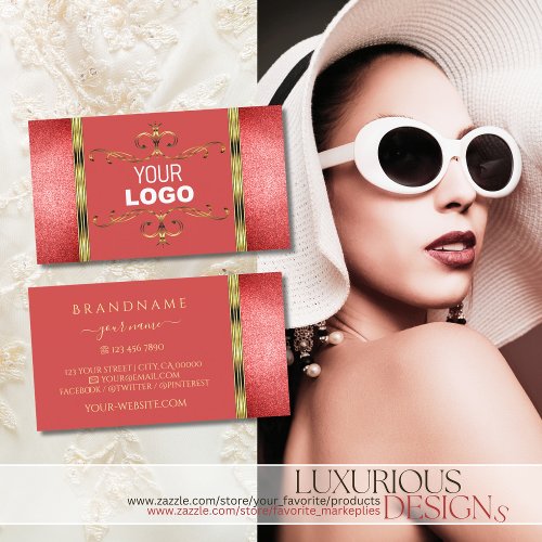 Elegant Gold with Ruby Red Glitter and Logo Modern Business Card