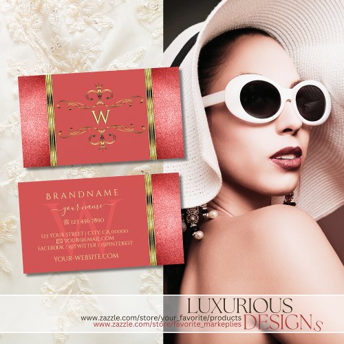 Elegant Gold with Ruby Red Glitter and Monogram Business Card