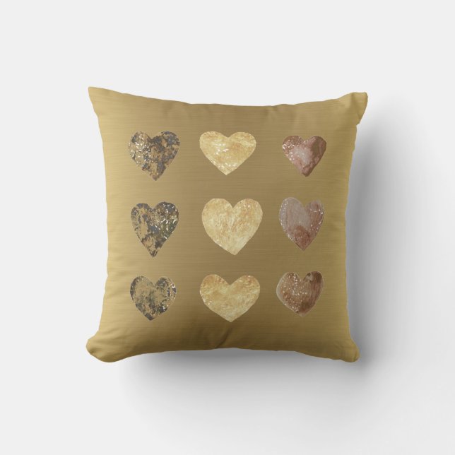 Elegant Gold with Watercolor Hearts Throw Pillow (Front)
