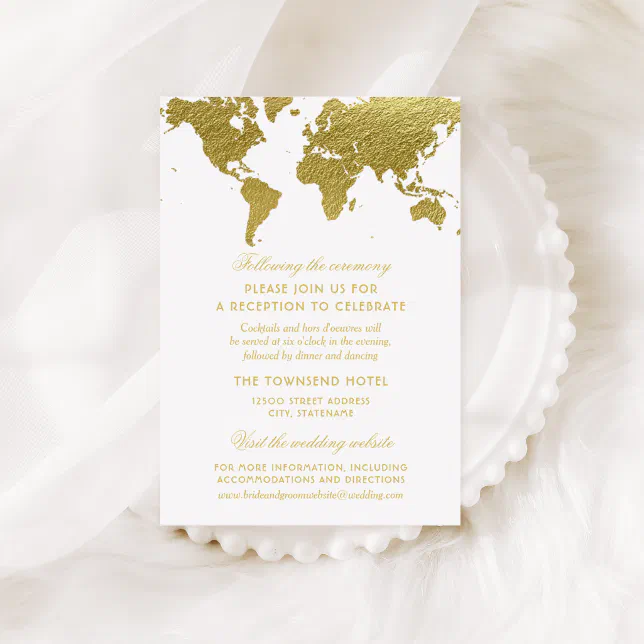 Elegant Gold World Map Wedding Reception Enclosure Card | Zazzle