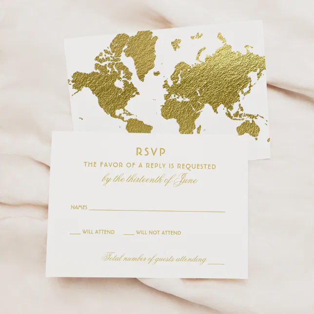 Elegant Gold World Map Wedding Rsvp Card 