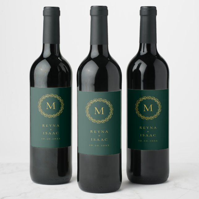 Elegant Gold Wreath Emerald Green Monogram Wine Label (Bottles)