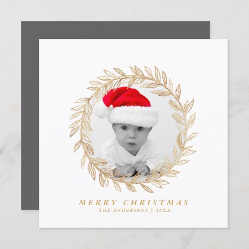 Elegant Gold Wreath Merry Christmas Custom Photo Holiday Card