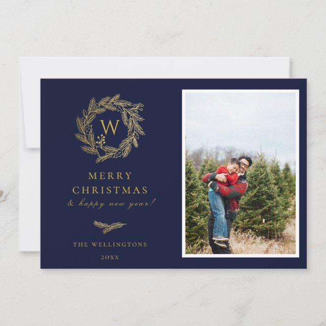 Elegant Gold Wreath Monogram Holiday Photo Card (Front)