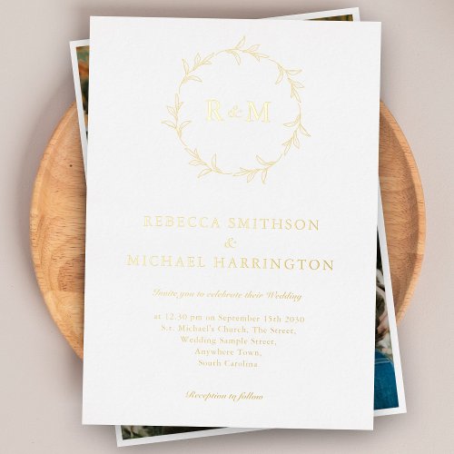 Elegant Gold Wreath Monogram Wedding Foil Invitation