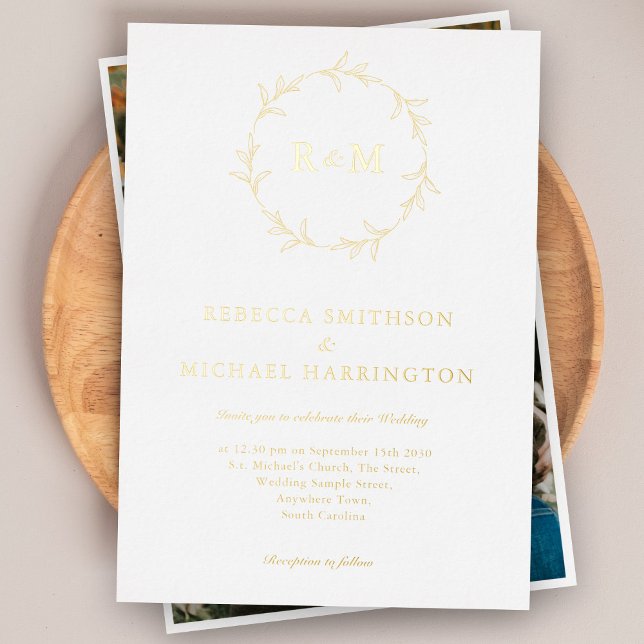 Elegant Gold Wreath Monogram Wedding Foil Invitation (Creator Uploaded)