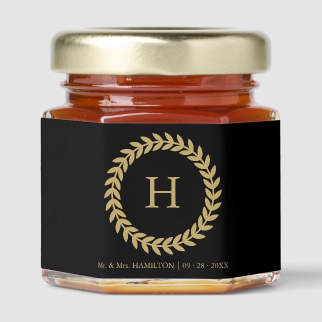 Elegant Gold Wreath Monogram Wedding  Honey Jar Favors (Front)