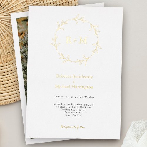 Elegant Gold Wreath Monogram Wedding Invitation Foil Invitation