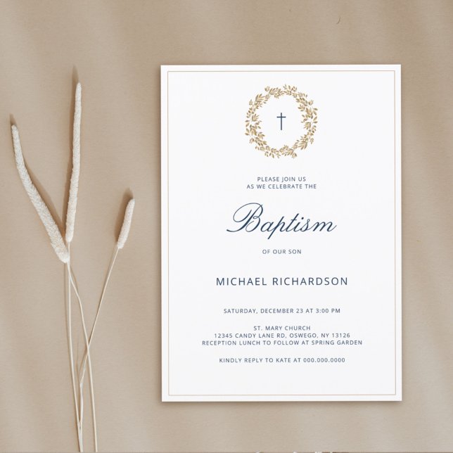 Elegant Gold Wreath Navy Cross Baptism Christening Invitation (Creator Uploaded)