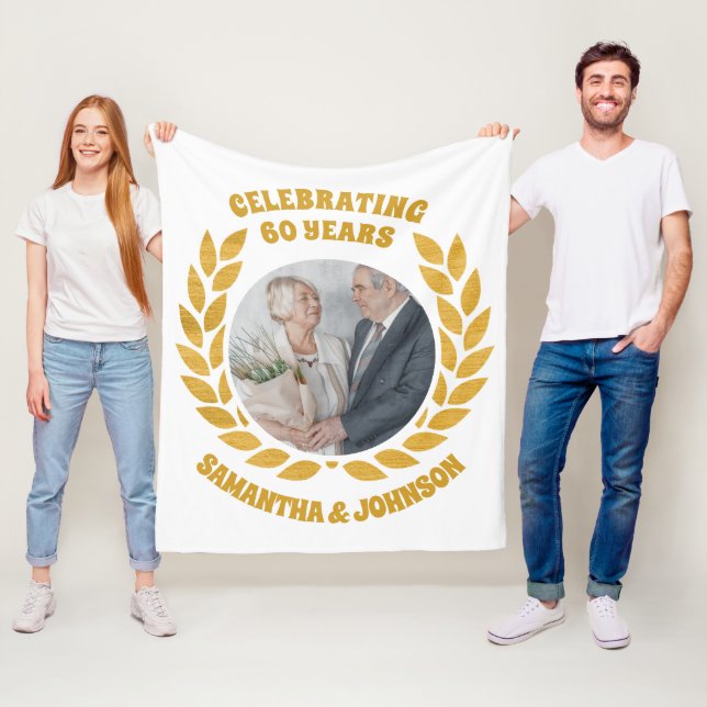 Elegant Gold Wreath Photo 60th Wedding Anniversary Fleece Blanket (In Situ)