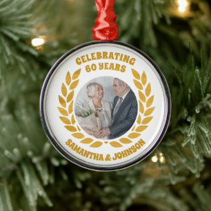 Elegant Gold Wreath Photo 60th Wedding Anniversary Metal Ornament