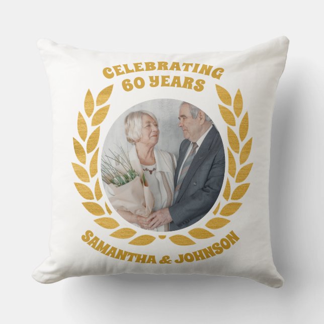 Elegant Gold Wreath Photo 60th Wedding Anniversary Throw Pillow (Front)