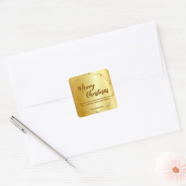 Elegant Gold Wreath Santa Sled Deer merry Xmas Square Sticker (Envelope)