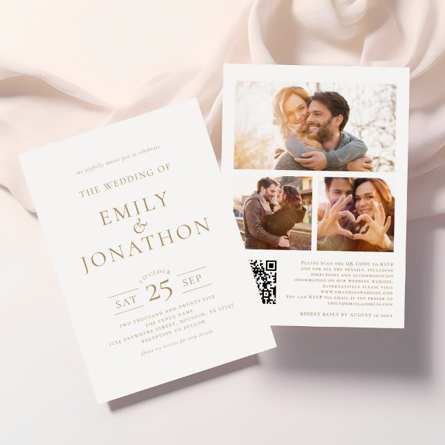 Elegant Gold Writing 3 Photos QR Code Wedding Invitation (Front and back)