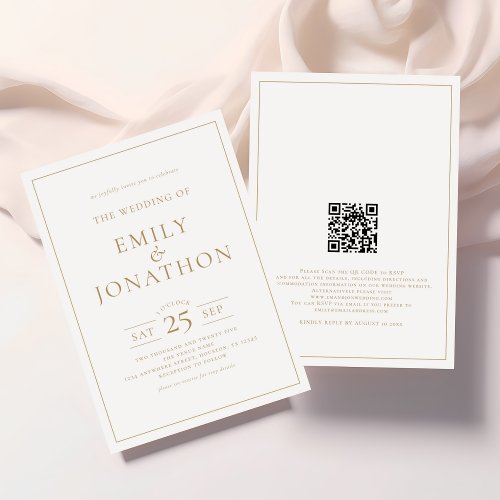 Elegant Gold Writing Line Border QR Code Wedding Invitation