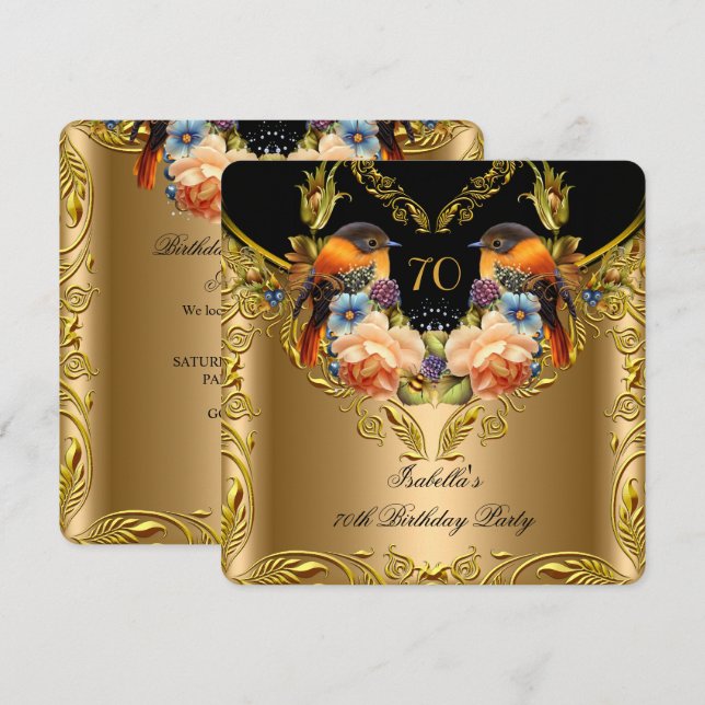 Elegant Gold Yellow Bird Black 70th Birthday Invitation (Front/Back)