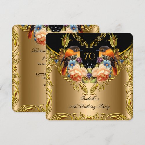 Elegant Gold Yellow Bird Black 70th Birthday Personalized Invitations