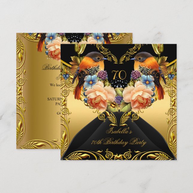 Elegant Gold Yellow Bird Black 70th Birthday Party Invitation (Front/Back)