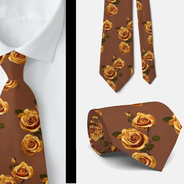 Elegant Gold Yellow Brown Roses Floral Neck Tie (Creator Uploaded)