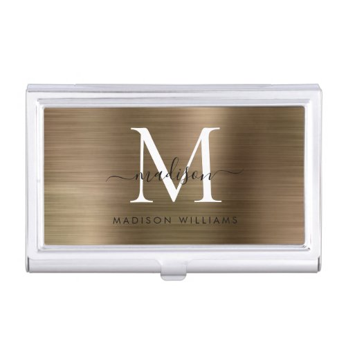 Elegant Gold Yellow Brushed Metal Monogram Script Business Card Case