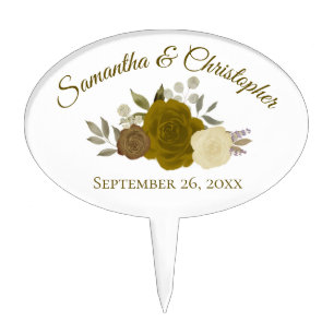 Elegant Gold & Yellow Watercolor Floral Wedding Cake Topper