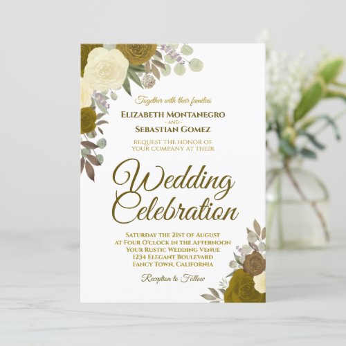 Elegant Gold  Yellow Watercolor Roses Wedding Invitation