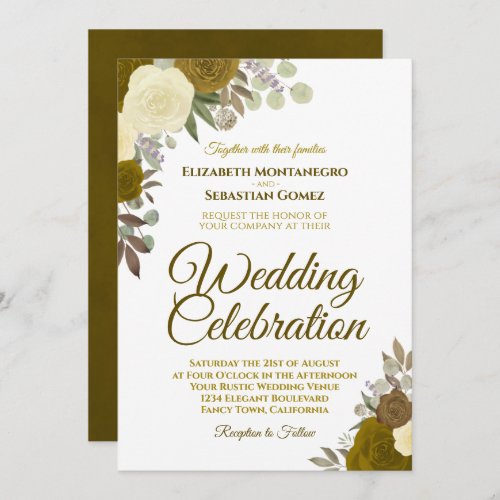 Elegant Gold  Yellow Watercolor Roses Wedding Invitation