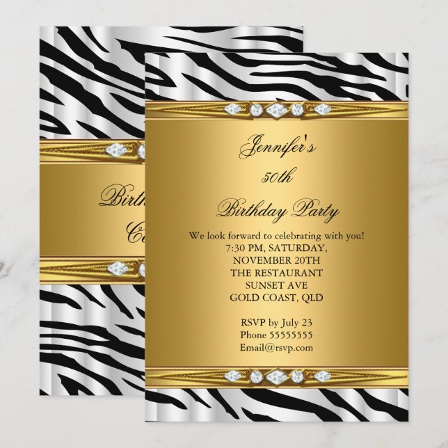 Elegant Gold Zebra Black Silver Diamond Birthday 2 Invitation (Front/Back)