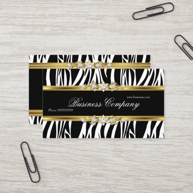 Elegant Gold Zebra Black White Silver ORNATE Business Card (Front/Back In Situ)