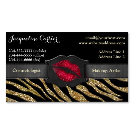 Elegant Gold Zebra Glitter Kiss Cosmetologist Magnetic Business Card