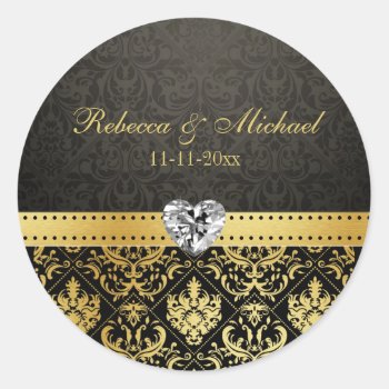 Elegant Goldand Black Damask With Diamond Heart Classic Round Sticker by weddingsNthings at Zazzle