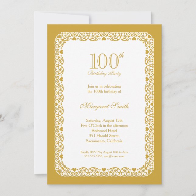 Elegant golden 100th birthday party Invitation (Front)