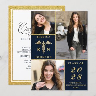 Elegant Golden 3 PHOTO Nursing Graduation Party Invitation