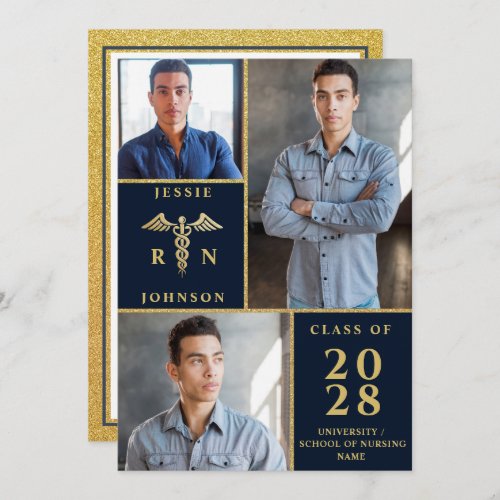 Elegant Golden 3 PHOTO Nursing Graduation Party Invitation