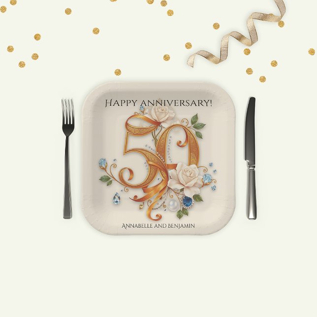 Elegant Golden 50th Anniversary Celebration Paper Plates (Creator Uploaded)