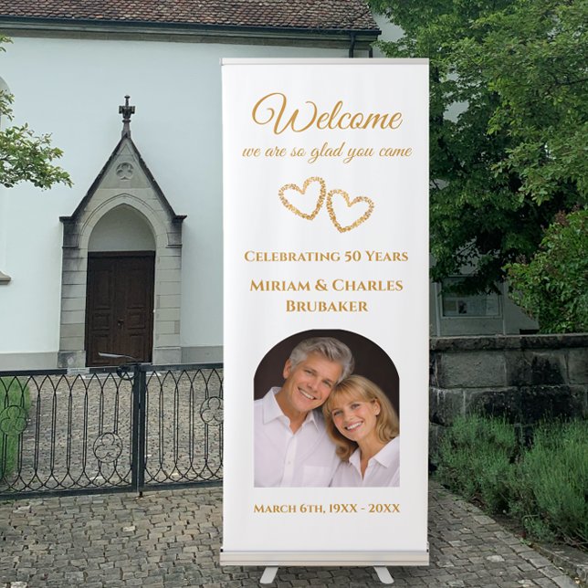 Elegant Golden 50th Anniversary Party Custom Retractable Banner (Edit this banner template by adding the names date and photo for an elegant anniversary party sign.
)