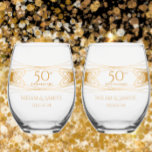 Elegant Golden 50th Anniversary Personalized Gift Stemless Wine Glass<br><div class="desc">Create a meaningful keepsake with these stylish personalized stemless wine glasses. I created this unique design for a golden 50th Wedding gift. Personalize the glasses with the couple's names and anniversary date. This unique modern design is only available here. Simple, elegant tan gold script can be edited. These would look...</div>