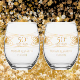 Elegant Golden 50th Anniversary Personalized Gift Stemless Wine Glass
