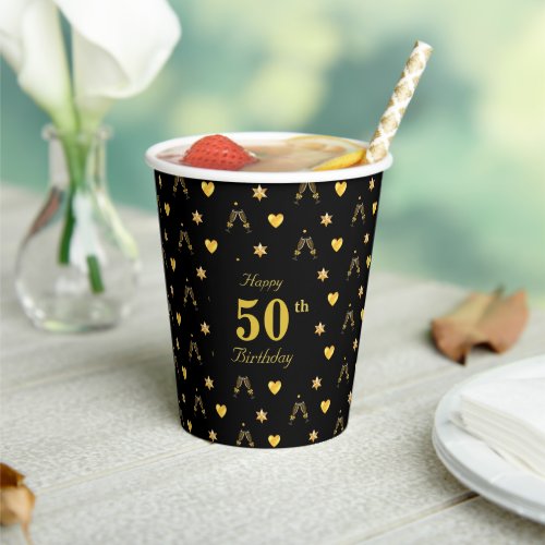 Elegant Golden 50th Birthday on Black Paper Cups